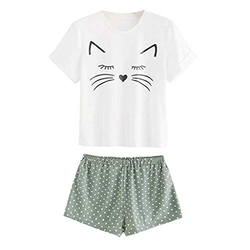 Proumy Conjunto de Pijama Blanca Mujer Verano Básica Estampado de Gatos Camiseta con Calzoncillos Blusa Talla Grande Camisa Transpirable Dos Piezas de Batas Largas Ropa de Dormir Cómoda Manga Corta