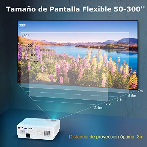 Proyector, WiMiUS 7000 Lúmenes Proyector Full HD 1920x1080P Proyector Cine en Casa Soporte 4K Contraste 10000: 1 Ajuste Digital 4D Pantalla 300" Sonido Hi-Fi Proyector LED 100,000H PS4 HDMI/VGA/AV/USB