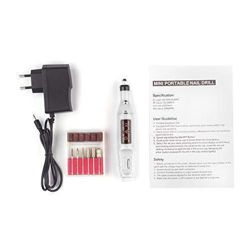 Pulidor de Uñas Kit de Manicura Pedicura Pluma de Taladro de Uñas Set manicura pedicura profesional 6 en 1 Velocidad Ajustable torno para uñas (Blanco)
