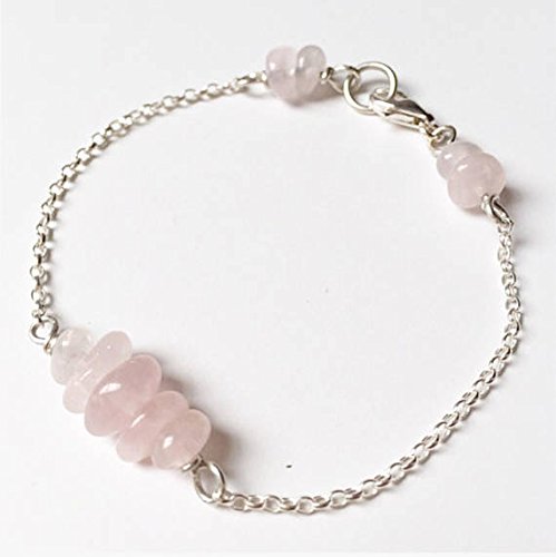 Pulsera de cuarzo rosa – Pulsera de plata de ley con cuentas de cuarzo rosa – pulsera de plata rosa con piedras preciosas – cadena semipreciosa apilable 4 – 7 mm