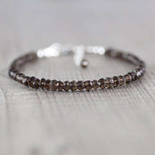 Pulsera de topacio ahumado en plata de ley, relleno de oro o rosa. Pulsera de cuarzo natural con piedras preciosas de Dainty. Joyería apilable. Bisutería con cuentas de 3,5 mm