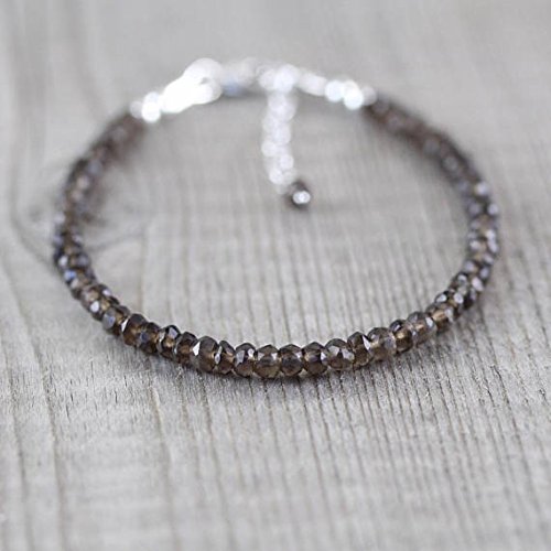 Pulsera de topacio ahumado en plata de ley, relleno de oro o rosa. Pulsera de cuarzo natural con piedras preciosas de Dainty. Joyería apilable. Bisutería con cuentas de 3,5 mm