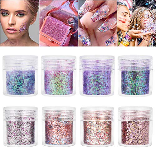 Purpurinas Polvo 8 colores Chunky Glitter con brillo cosmético Fiestas y festivales brillantes Decoración para rostro, ojos, uñas, cabello y cuerpo (8 piezas)