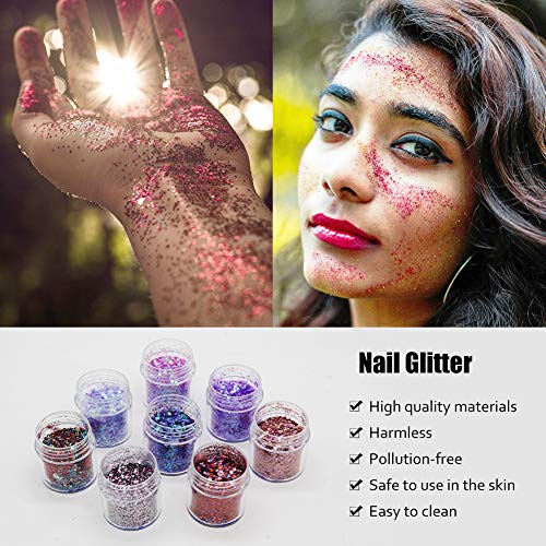 Purpurinas Polvo 8 colores Chunky Glitter con brillo cosmético Fiestas y festivales brillantes Decoración para rostro, ojos, uñas, cabello y cuerpo (8 piezas)