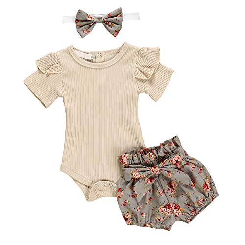 puseky Baby Girls Ruffle Romper Tops Bowknot Floral Bloomer Shorts Conjunto de Trajes de Diadema