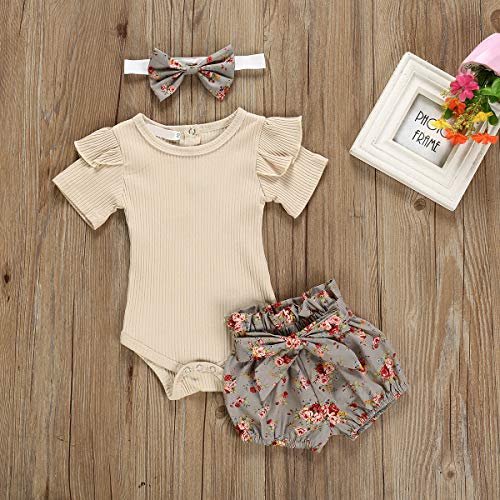 puseky Baby Girls Ruffle Romper Tops Bowknot Floral Bloomer Shorts Conjunto de Trajes de Diadema