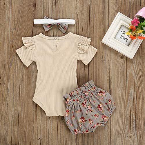 puseky Baby Girls Ruffle Romper Tops Bowknot Floral Bloomer Shorts Conjunto de Trajes de Diadema