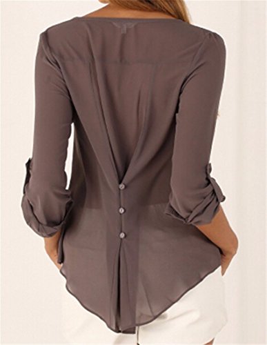 QIYUN.Z Las Mujeres Ocasionales De La Manga Larga Boton De La Gasa De Cuello En V Dobladillo Irregular De Decoracion Camisas Tapas