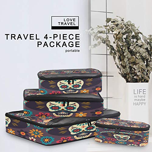 QMIN - Juego de 4 Cubos de Embalaje de Viaje con diseño de Calavera Mexicana, Bolsa organizadora de Malla para Equipaje de Mano, Bolsa de Almacenamiento para Maletas de Viaje