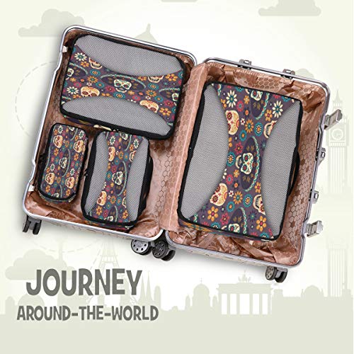 QMIN - Juego de 4 Cubos de Embalaje de Viaje con diseño de Calavera Mexicana, Bolsa organizadora de Malla para Equipaje de Mano, Bolsa de Almacenamiento para Maletas de Viaje