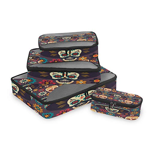 QMIN - Juego de 4 Cubos de Embalaje de Viaje con diseño de Calavera Mexicana, Bolsa organizadora de Malla para Equipaje de Mano, Bolsa de Almacenamiento para Maletas de Viaje