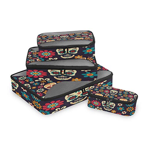 QMIN - Juego de 4 Cubos de Embalaje de Viaje con diseño de Calavera Mexicana Floral, Bolsas organizadoras de Equipaje de Malla, Bolsa de Almacenamiento para Maletas de Viaje