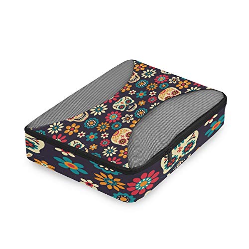 QMIN - Juego de 4 Cubos de Embalaje de Viaje con diseño de Calavera Mexicana Floral, Bolsas organizadoras de Equipaje de Malla, Bolsa de Almacenamiento para Maletas de Viaje