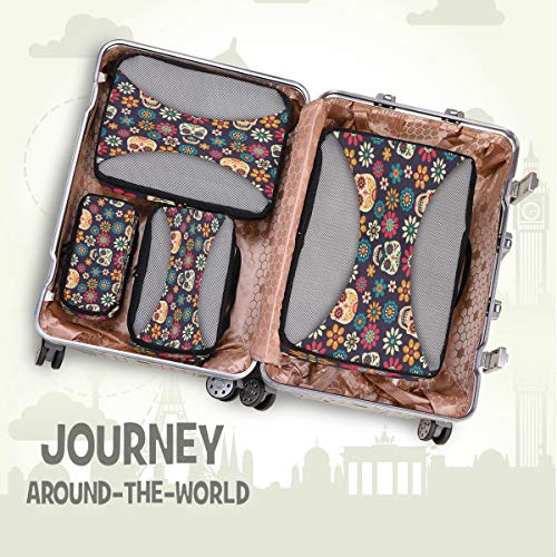 QMIN - Juego de 4 Cubos de Embalaje de Viaje con diseño de Calavera Mexicana Floral, Bolsas organizadoras de Equipaje de Malla, Bolsa de Almacenamiento para Maletas de Viaje