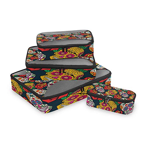 QMIN - Juego de 4 Cubos de Embalaje de Viaje con diseño de Calavera Mexicana y Rosas, Bolsa organizadora de Malla para Equipaje de Mano, Bolsa de Almacenamiento para Maletas de Viaje