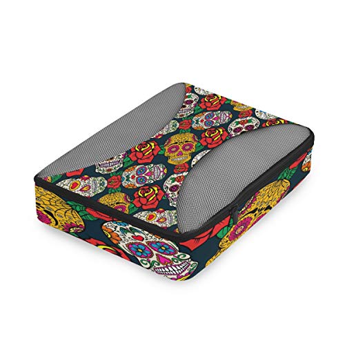 QMIN - Juego de 4 Cubos de Embalaje de Viaje con diseño de Calavera Mexicana y Rosas, Bolsa organizadora de Malla para Equipaje de Mano, Bolsa de Almacenamiento para Maletas de Viaje