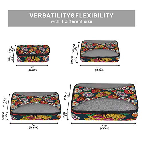 QMIN - Juego de 4 Cubos de Embalaje de Viaje con diseño de Calavera Mexicana y Rosas, Bolsa organizadora de Malla para Equipaje de Mano, Bolsa de Almacenamiento para Maletas de Viaje
