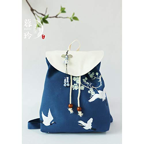 QXYOUNGB Mochila Casual de Lona de Estilo Nacional literario Chino Vintage con Vigas para Mujer, combinación de Bordado de Color Blanco Pera
