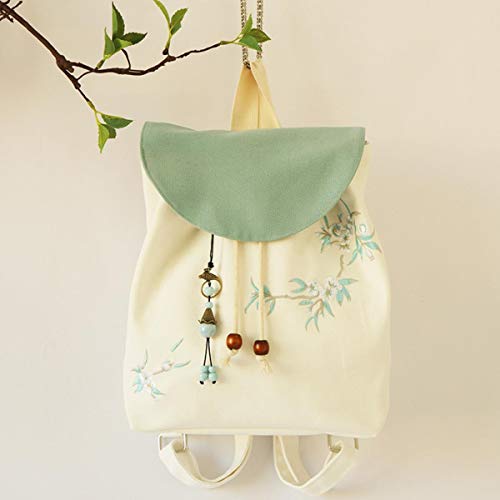 QXYOUNGB Mochila Casual de Lona de Estilo Nacional literario Chino Vintage con Vigas para Mujer, combinación de Bordado de Color Blanco Pera