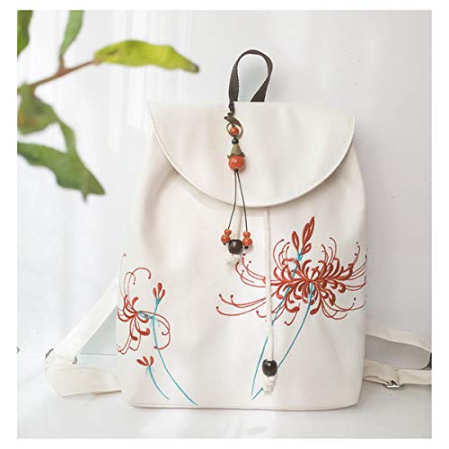 QXYOUNGB Mochila Casual de Lona de Estilo Nacional literario Chino Vintage con Vigas para Mujer, combinación de Bordado de Color Blanco Pera