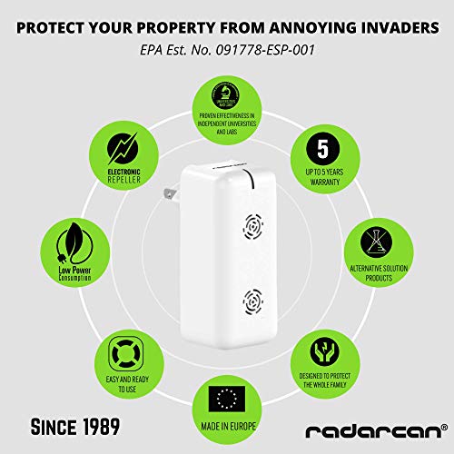 Radarcan® R-200 AntiPlagas Completo Premium, hasta 125m2, Blanco. (4 en 1 para Mosquitos, Hormigas, Ratones y Cucarachas)