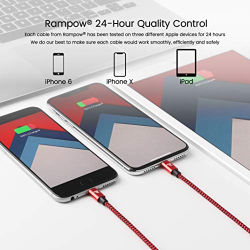 Rampow Cable iPhone Cable Lightning [Apple MFi Certificado] Nylón Duradero Cargador iPhone Compatible con iPhone 11 11 Pro XS MAX XR X 8 7 6S 6 5 5S 5C SE iPad iPod y más - 1M, Rojo