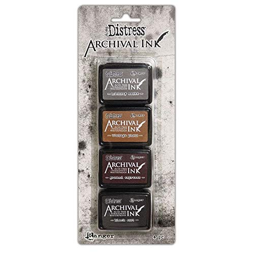 Ranger Distress Archival Ink Kit 3-Hickory Smoke/Vintage Photo/Ground Espresso/Black Soot, varios, 4 Mini Pads