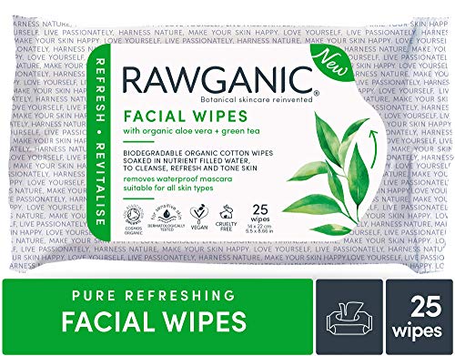 RAWGANIC Toallitas faciales refrescantes | Toallitas suaves de algodón orgánico, sin alcohol, sin fragancia y biodegradables | con Aloe Vera y té verde