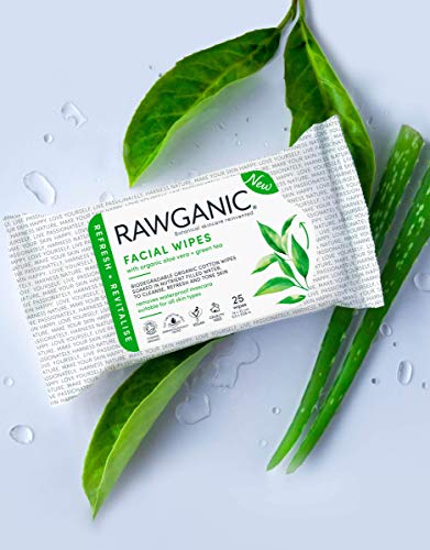 RAWGANIC Toallitas faciales refrescantes | Toallitas suaves de algodón orgánico, sin alcohol, sin fragancia y biodegradables | con Aloe Vera y té verde