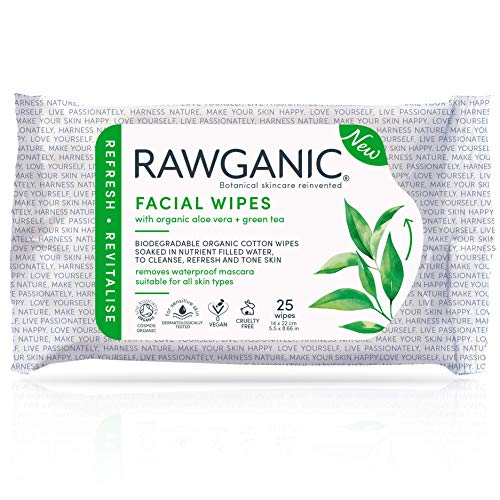 RAWGANIC Toallitas faciales refrescantes | Toallitas suaves de algodón orgánico, sin alcohol, sin fragancia y biodegradables | con Aloe Vera y té verde