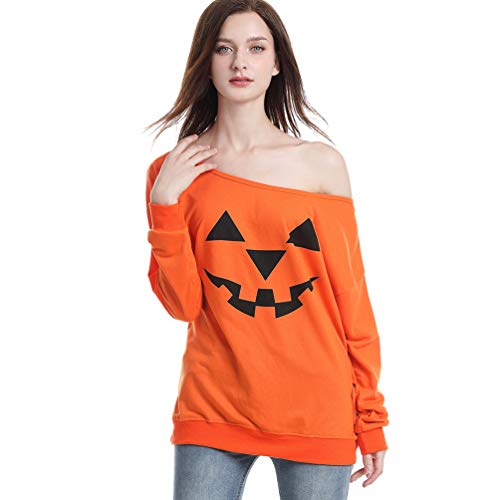 Reciy Mujeres Halloween Sweatshirt Suéter Calabaza Impresas Sudaderas Pulóver Jerséis Tops S Naranja