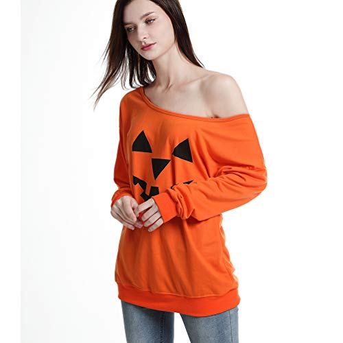 Reciy Mujeres Halloween Sweatshirt Suéter Calabaza Impresas Sudaderas Pulóver Jerséis Tops S Naranja