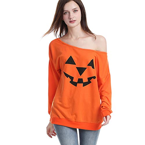 Reciy Mujeres Halloween Sweatshirt Suéter Calabaza Impresas Sudaderas Pulóver Jerséis Tops S Naranja