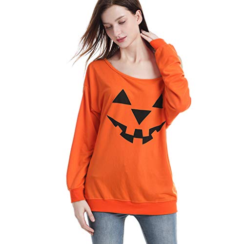 Reciy Mujeres Halloween Sweatshirt Suéter Calabaza Impresas Sudaderas Pulóver Jerséis Tops S Naranja