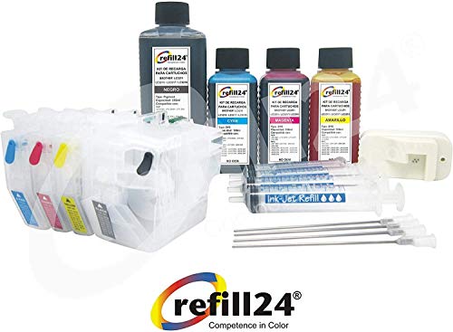 refill24 Cartuchos Recargables, Compatible para Brother LC3217, LC3219 Negro y Color. Incluye reseteador y Accesorios + 550 ML de Tinta