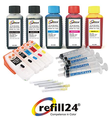 refill24 Kit de Recarga Compatible para Cartuchos de Tinta Epson T3331 + T3342-3344 / T3351 + T3361-3364 / T33XL Negro y Color + Cartuchos Recargables y Accesorios + 500 ML Tinta