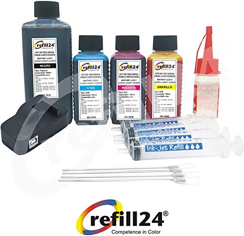 refill24 Kit de Recarga para Cartuchos de Tinta Brother LC3211, LC3213, LC 3217, LC3219 Negro y Color. Incluye reseteador y Accesorios + 550 ML de Tinta