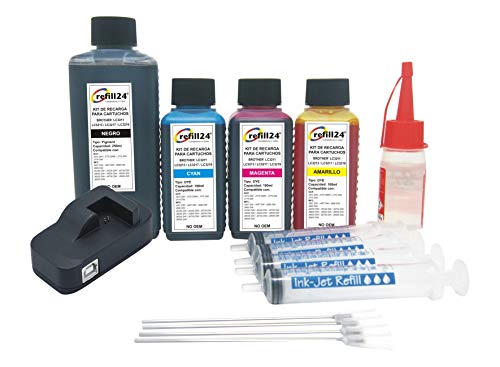 refill24 Kit de Recarga para Cartuchos de Tinta Brother LC3211, LC3213, LC 3217, LC3219 Negro y Color. Incluye reseteador y Accesorios + 550 ML de Tinta