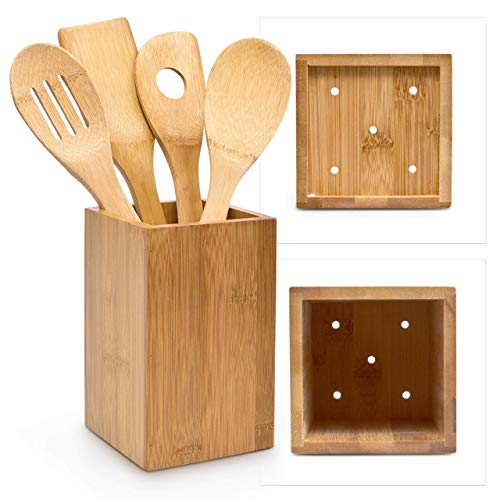 Relaxdays 10014471 - Set de 4 cucharas de cocina y soporte, bambú