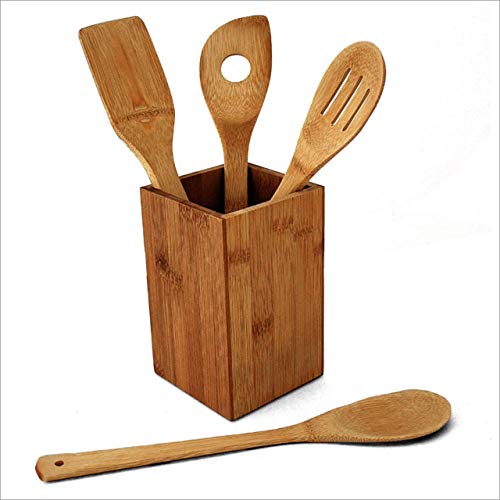 Relaxdays 10014471 - Set de 4 cucharas de cocina y soporte, bambú
