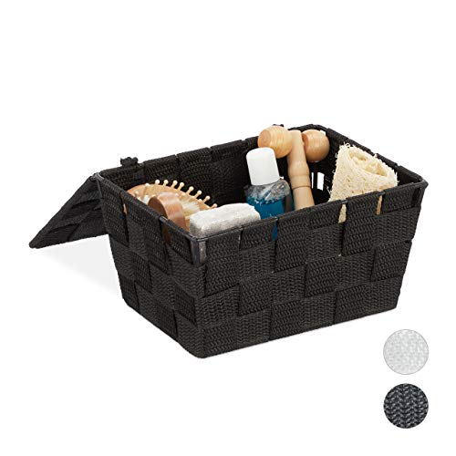 Relaxdays Caja de almacenaje con tapa, Cesta de almacenamiento, PP, 10,5 x 19,5 x 14,5 cm, 1 Ud., Negro
