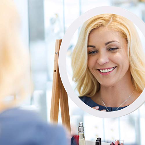 Relaxdays Espejo Maquillaje Giratorio con Bandeja, Bambú-DM-Cristal, Blanco-Marrón, 32,5 cm de diámetro