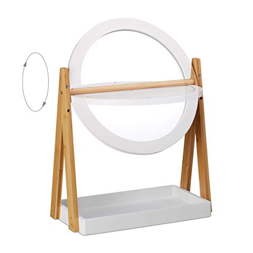 Relaxdays Espejo Maquillaje Giratorio con Bandeja, Bambú-DM-Cristal, Blanco-Marrón, 32,5 cm de diámetro