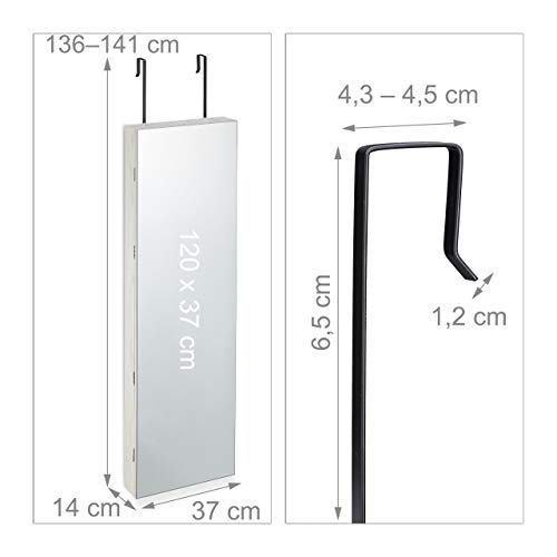 Relaxdays Joyero Puerta Armario XXL, con Espejo y LED, Colgante, DM-Cristal-Terciopelo, 1 Ud, 120 x 37 x 9,5 cm, Blanco, tableros conglomerado, Vidrio
