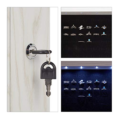 Relaxdays Joyero Puerta Armario XXL, con Espejo y LED, Colgante, DM-Cristal-Terciopelo, 1 Ud, 120 x 37 x 9,5 cm, Blanco, tableros conglomerado, Vidrio