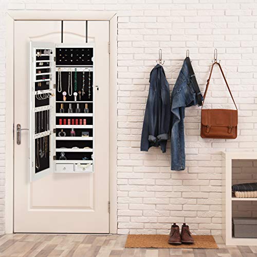 Relaxdays Joyero Puerta Armario XXL, con Espejo y LED, Colgante, DM-Cristal-Terciopelo, 1 Ud, 120 x 37 x 9,5 cm, Blanco, tableros conglomerado, Vidrio