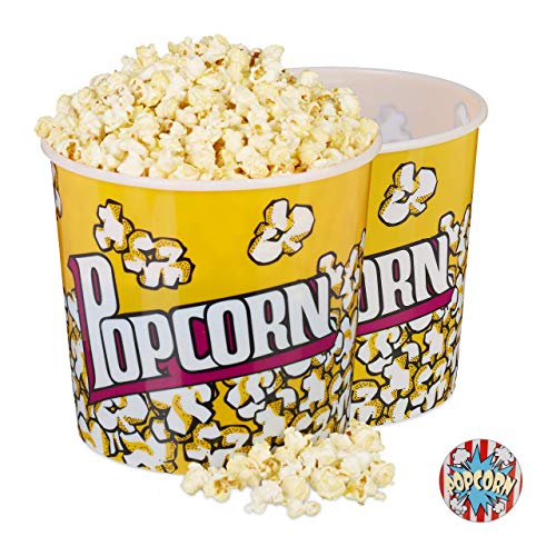 Relaxdays Set de 2 cuencos para palomitas, Noche de cine, 10L, Ø24cm, Reutilizable, Amarillo-Blanco