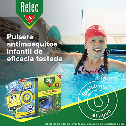 Relec Relec Pulsera Antimosquitos Bob Esponja Natación | Eficaz Contra El Mosquito Tigre. Resistente Al Agua | Contiene 2 Recargas | Duración 2 Meses 150 g