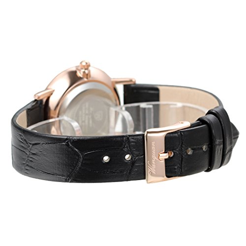 Reloj de Pulsera para Hombre y Mujer, Cuarzo Analógico con Números Romanos, Tono Oro Rosa y Correa de Piel Negra, Avaner