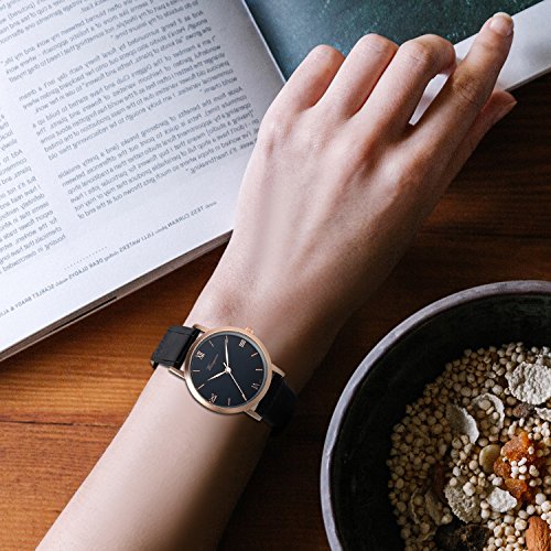 Reloj de Pulsera para Hombre y Mujer, Cuarzo Analógico con Números Romanos, Tono Oro Rosa y Correa de Piel Negra, Avaner